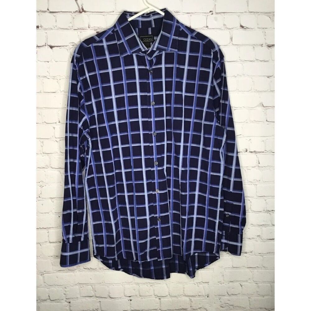 Cezani  Men's L Large Button Up Shirt Long Sleeve Blue Purple‎ Check /Plaid *